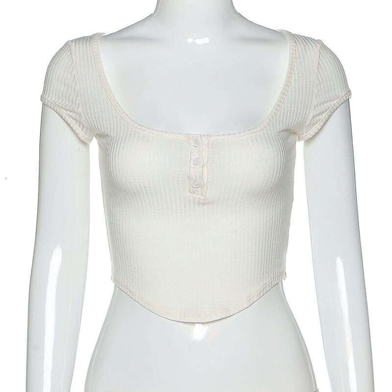 Fashion Summer New Short Sleeve U-Neck Single-Breasted Slim Fit Crop Top Solid Color T-Shirt For Women B5
