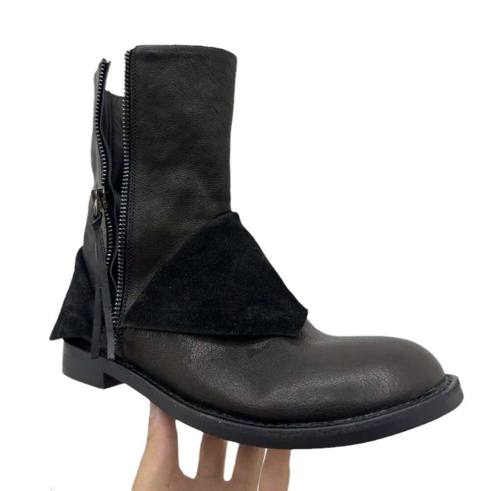 Genuine Leather Niche Design Upper Patchwork Chunky Round Toe Side Zipper Thick Heel Martin Women 2024 Autumn Winter Short Boots