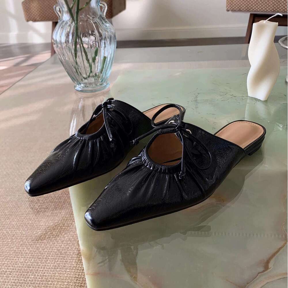 Genuine Leather French Niche Pleated Lace-up for Women 2025 Spring Summer Fashion Pointed Toe Flat Mules
