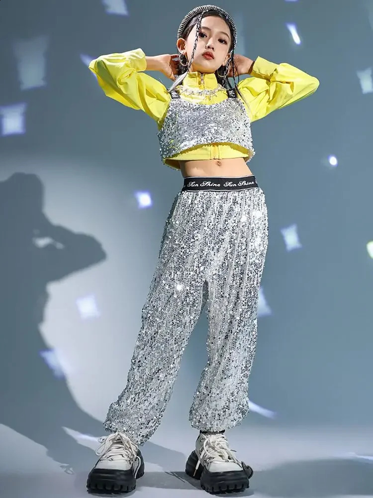 Girl Jazz Dance Costume Clothes Kid Hip Hop Clothing Yellow Puff Sleeve Crop Top T Shirt Tank Silver Sequined Casual Pants 250528
