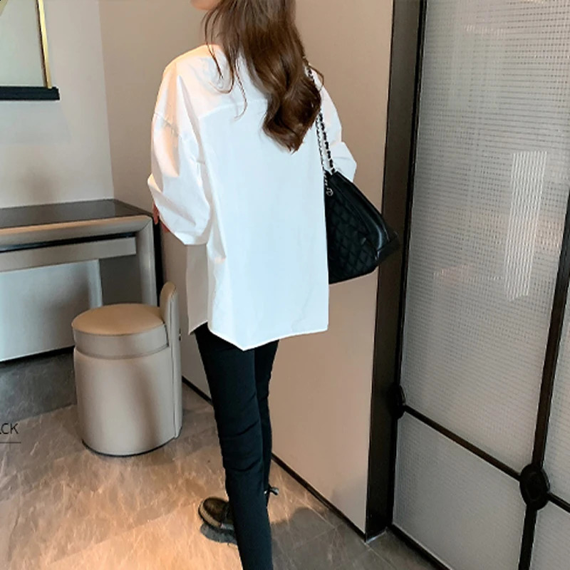 White Blouse Ladies 2023 Autumns Koreanstyle Longsleeved Casual Office Lady Shirt Loose Women Clothes Top Simple Shirts 250529Z