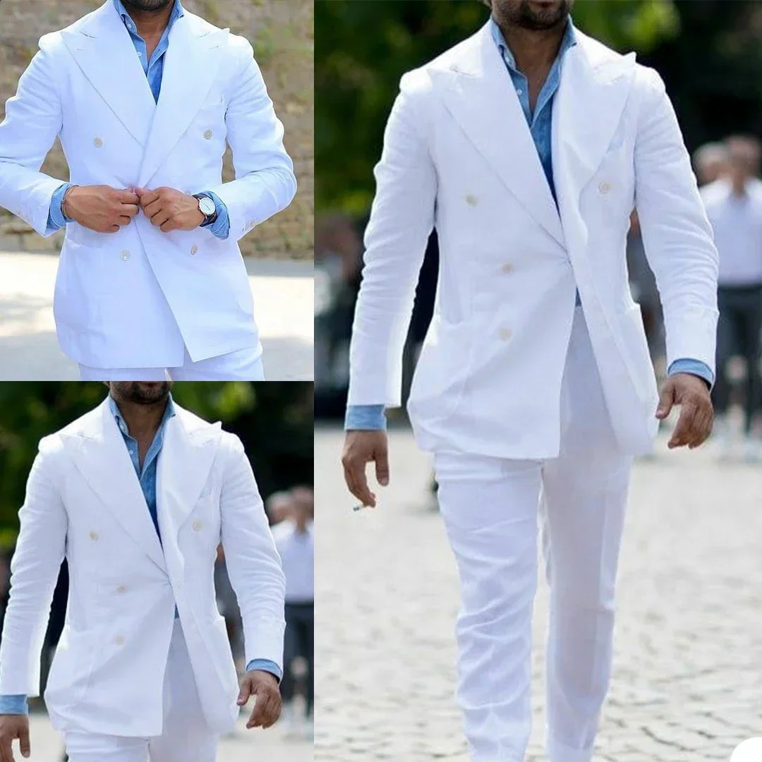 Fashion Summer White Linen Smart Casual Men Suits Business Slim Fit Blazer Hombre High Quality Custom 3 Piece Set Costume Hommme 250520A