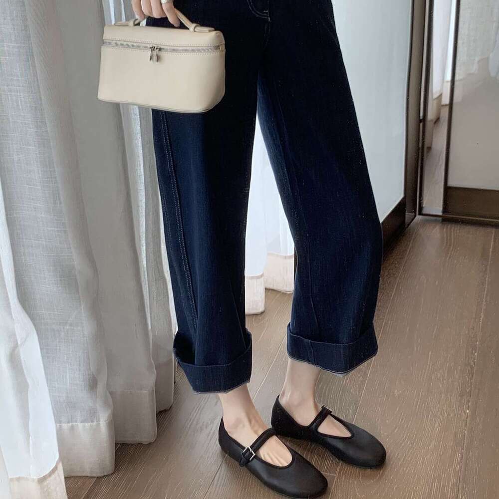 Grape Mom Round Toe Row Style One-Strap Genuine Leather Shallow Mouth Flat Ballet Mary Jane Single Shoes for Women