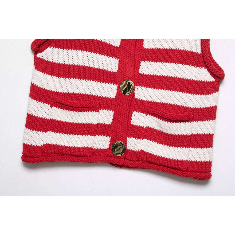 European and American style 2025 new round neck single-breasted sleeveless striped knitted vest top