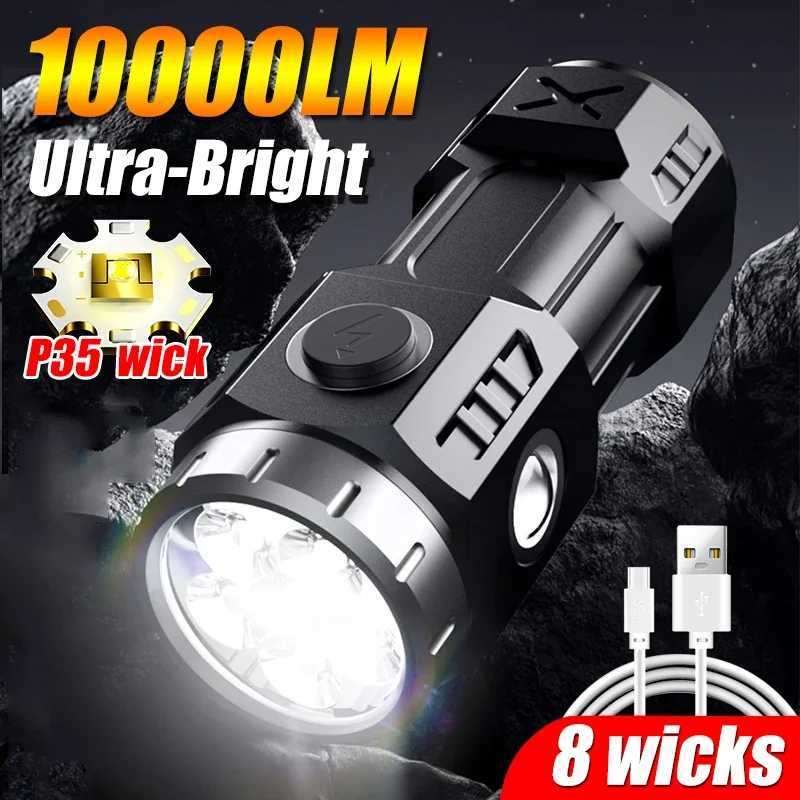New Ultra Bright Flashlight 4/6/8*P35 LED Mini Super Bright Torch USB Rechargeable Waterproof Light With Magnet Emergency Lamp XJ250529