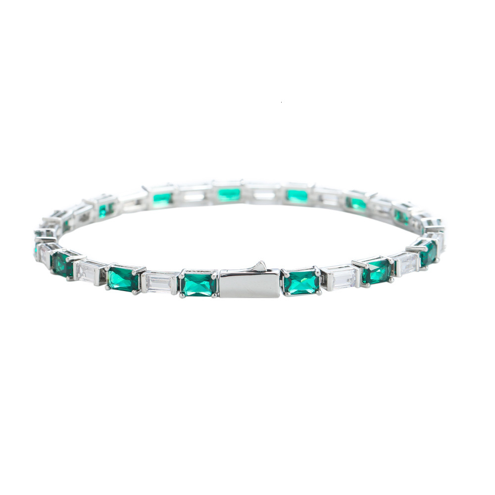 Sparkly Baguette Emerald Tennis Bracelet Spring Buckle Rectangular Green White Cubic Zirconia Bling Cz Stones Hip Hop Bangle For Women Wolf Tide Pulse