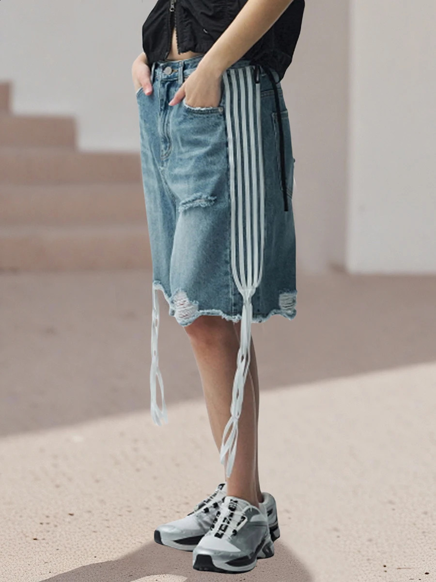 Women s Distressed Denim Shorts with Frayed Hem and LaceUp Detail Perfect for Summer Vacation Street Style 250516Z