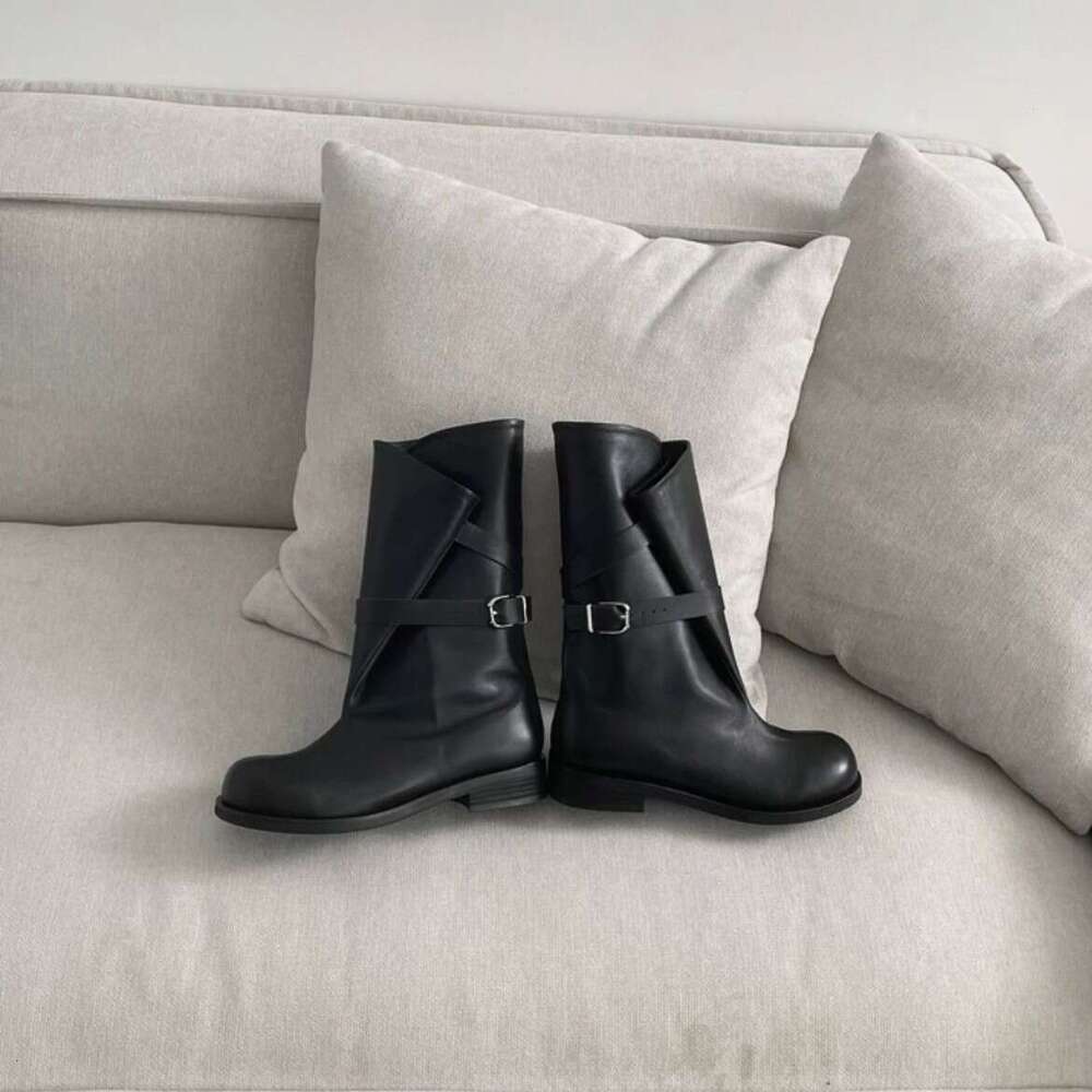 Korean Niche Foldable Wide Tube Mid-Calf Western Cowboy for Women Autumn Winter Thick Heel Round Toe Belt Buckle Martin Boots