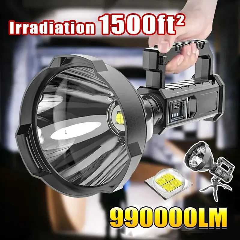 1500000 Lumens Portable Powerful LED Flashlight Handheld Searchlight Rechargeable Super Bright Work Light Flashlight with StandXJ250529
