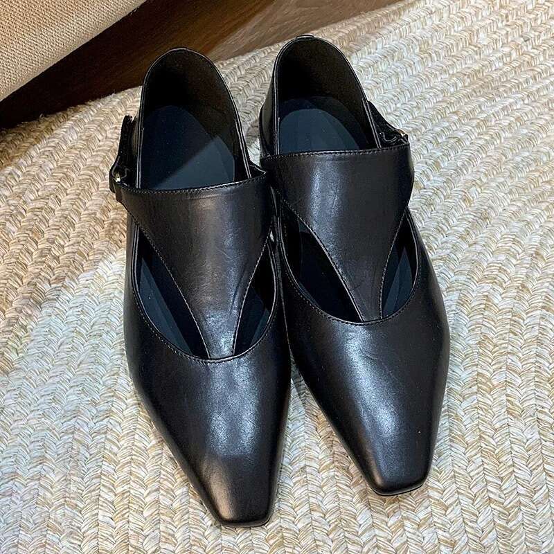 Genuine Niche T-Strap Low Heel Flat Square Toe Women's Spring Autumn New Versatile Loafers Small Leather Shoes