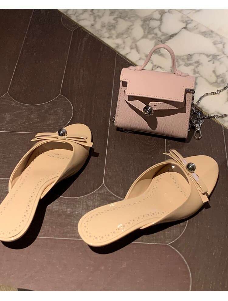 Genuine Patent Leather French Style Elegant Kitten Heel Stiletto Bowknot One-Strap Sandals for Women Outdoor Summer 2025 Slippers