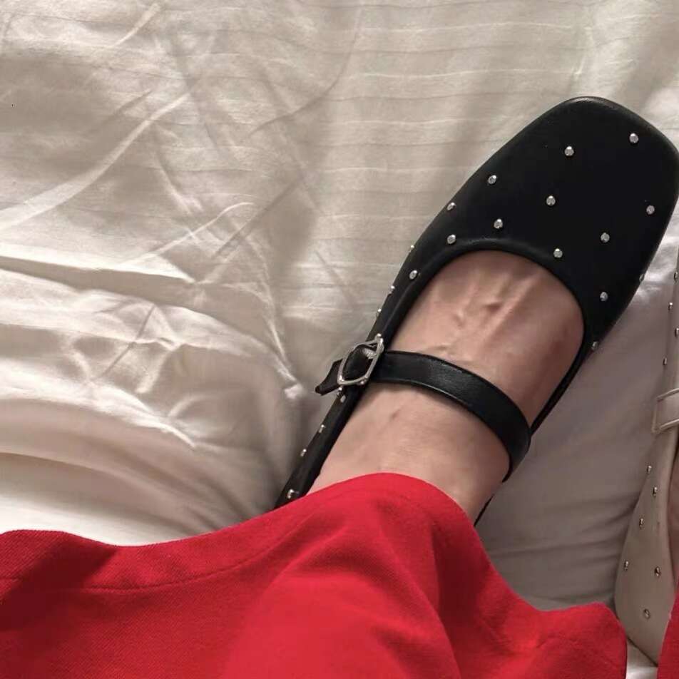 Genuine Leather Korean Style Studded Square Toe Mary Jane for Women 2025 Spring Versatile Flat Shallow Mouth Red Single Shoes
