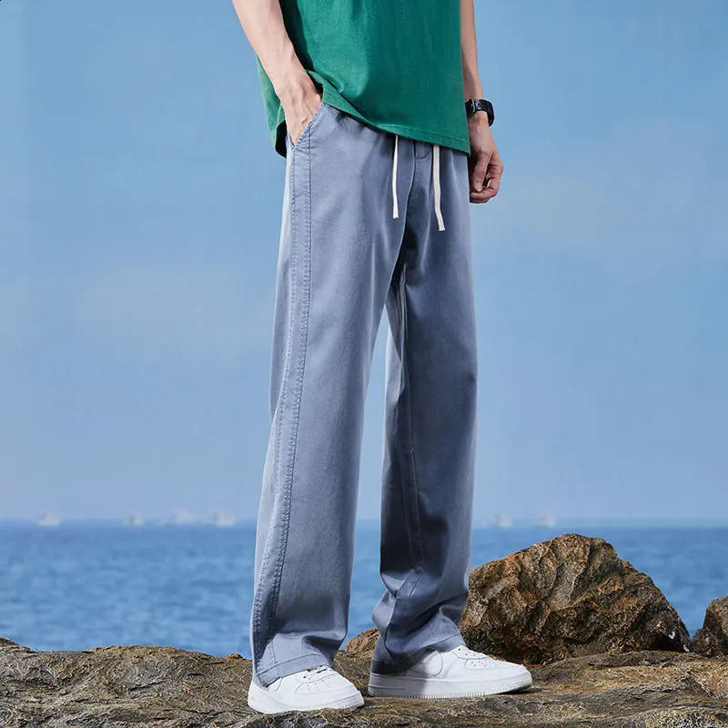 Mens Thin Straight Baggy Jeans Summer Clothes Lyocell Casual Elastic Waist Loose Male Wide Denim Trousers Blue Gray Black 250515