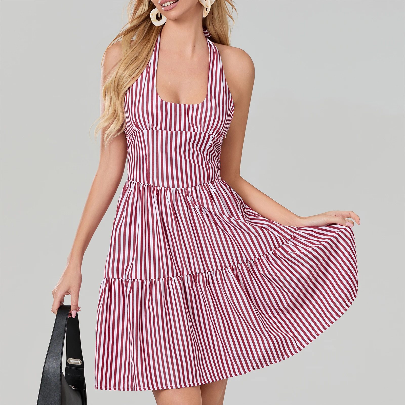 Womens Halter Neck Tied Short Dress Stripe/Solid Backless Sleeveless A-Line Tiered Ruffle Mini Dress for Party Classic Vestidos 250526