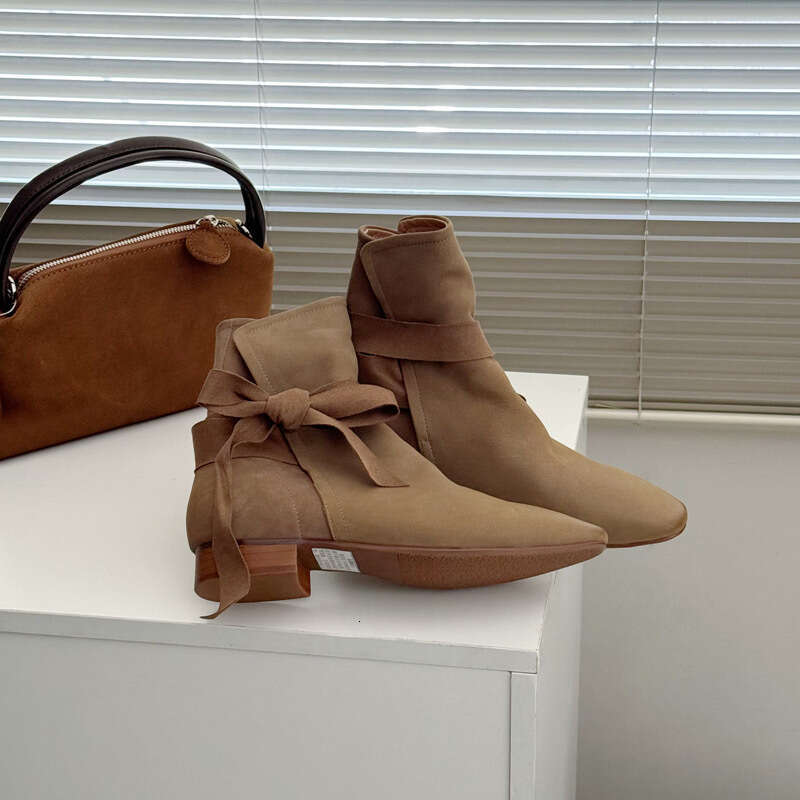 Korean Style Niche Genuine Leather Square Toe Bowknot Lace-up Slim Short Women Autumn Winter Chelsea Martin Boots