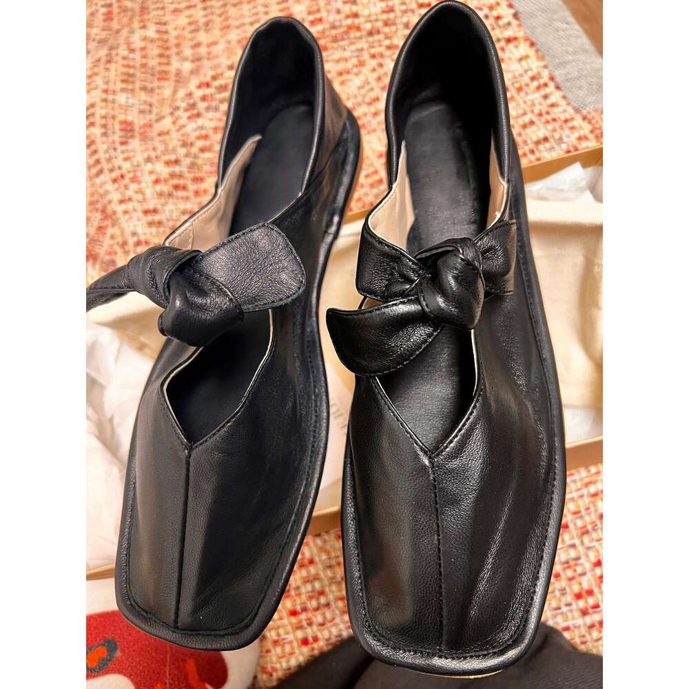 Genuine Leather Suede Niche Bowknot Step-On Two-Way Square Toe Single for Women Spring and Autumn Mary Jane Ballet Flat Shoes