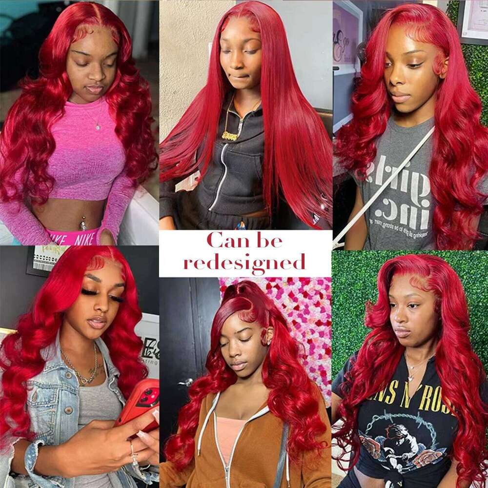 210% Density Deep Wave Front Human Hair 13x6 Red Transparent Lace Wigs For Women
