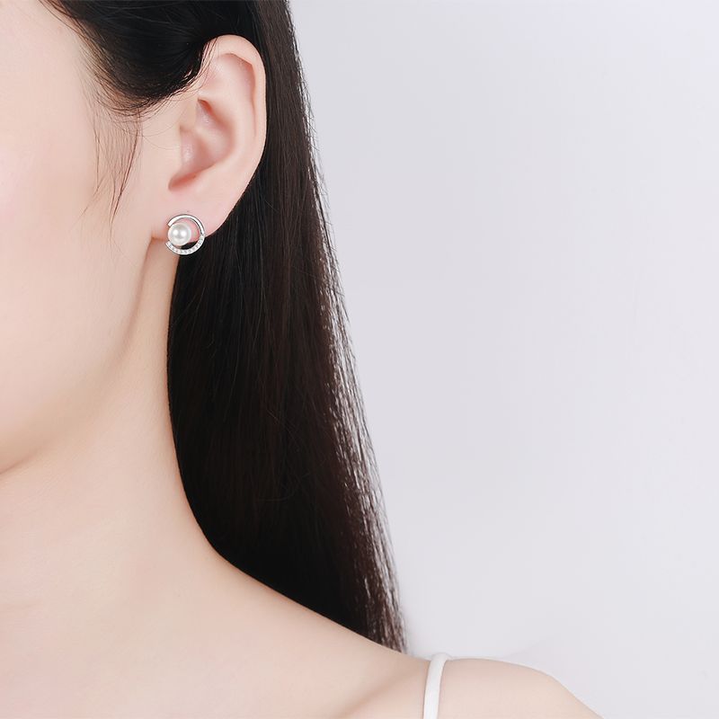 925 Sterling Silver Stud Earrings for Women, Freshwater Pearl CC Style Moissanite Earrings, Flawless Design, High-End Fashion Jewelry