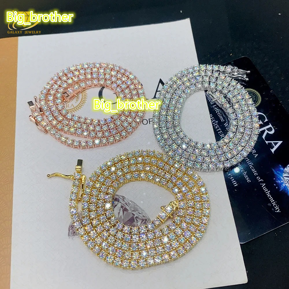 Cheapest Price Hip Hop Silver 925 Moissanite Chain 2mm 3mm 4mm 5mm 6.5mm VVS Moissanite Diamond Necklace Moissanite Tennis Chain