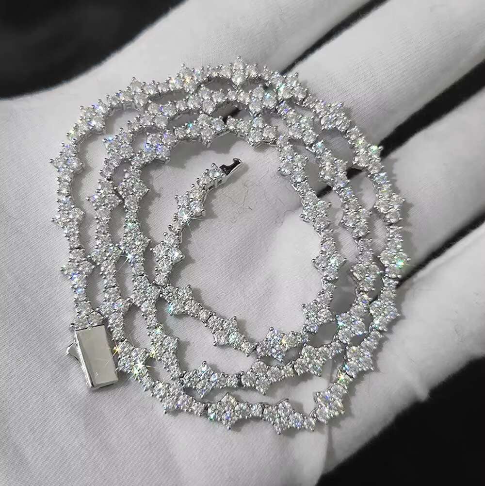 NUOYA 6.5mm Iced Out VVS Diamond Flower Shape Tennis Chain Hip Hop Jewelry 925 Sterling Silver Moissanite Tennis Chain Necklace