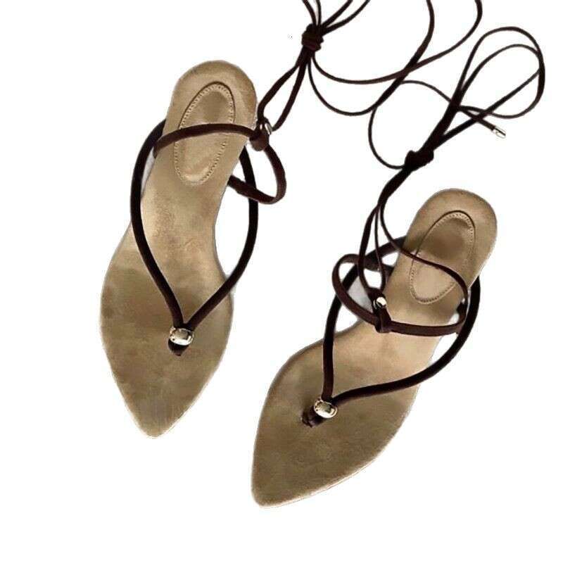 Sheepskin Version ~ Niche Pointed Toe Post Two-Way Lace-Up Roman Sandals for Women 2025 Summer New Thick Heel Slippers
