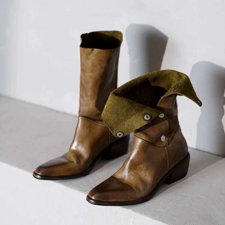 British Style High-End Niche Turn-Down Collar Two-Way Western Cowboy for Women, Autumn and Winter Thick Heel Mid-Calf Riding Boots