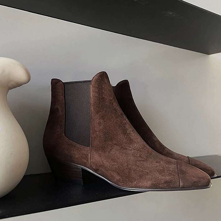 French Style Melard Short for Women 2024 Autumn Winter Fleece Lined Chunky Heel Round Toe Martin Chelsea Denim Boots