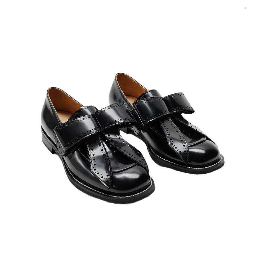Genuine British Bow Tie Butterfly Knot Carved Brogue Small Leather Unisex Stitched Thick Heel Loafers Single Shoes