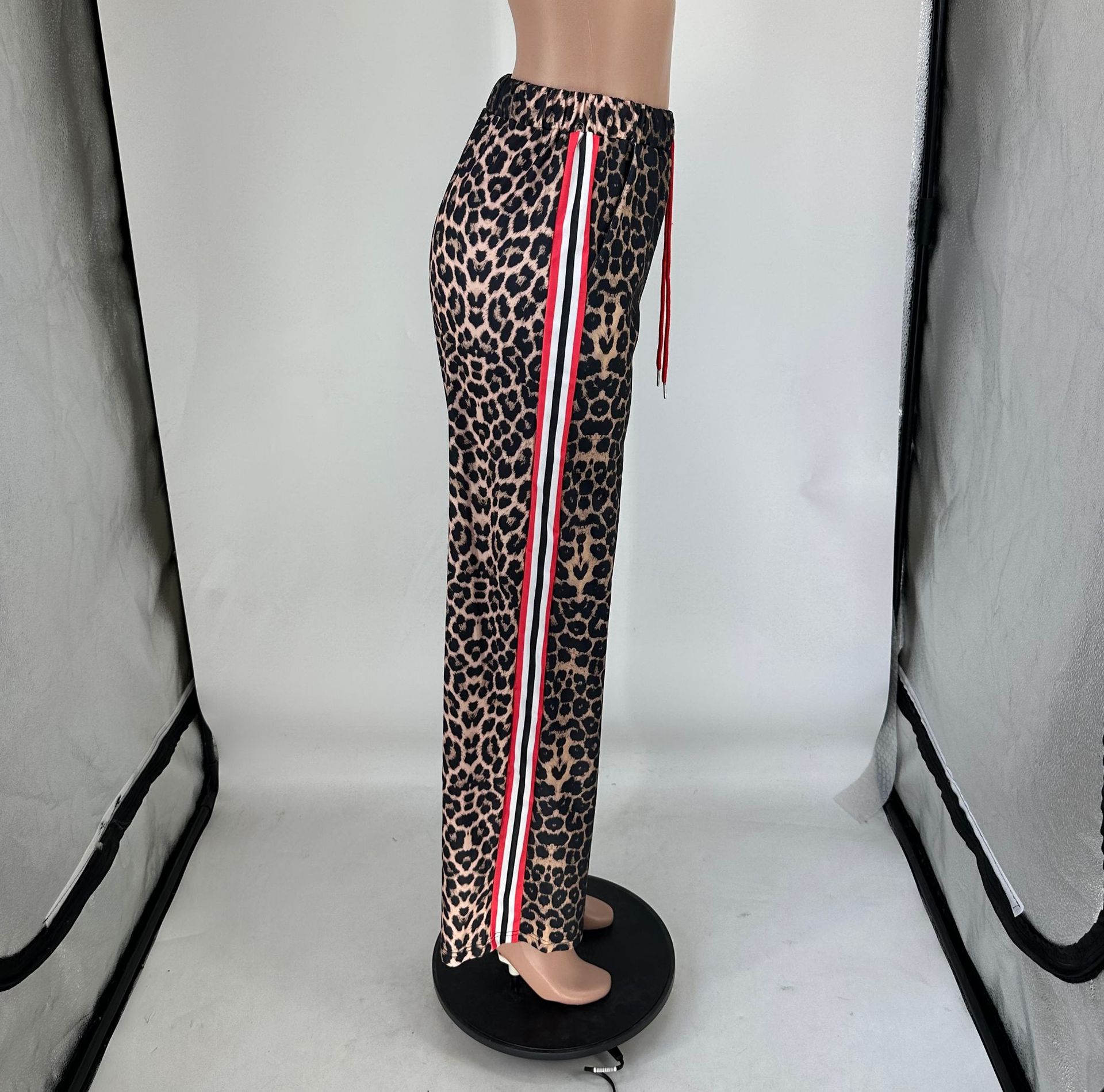 Leopard Wide Leg Women Casual High Waist Straight Pants Female Trouser Free Ship Z260314