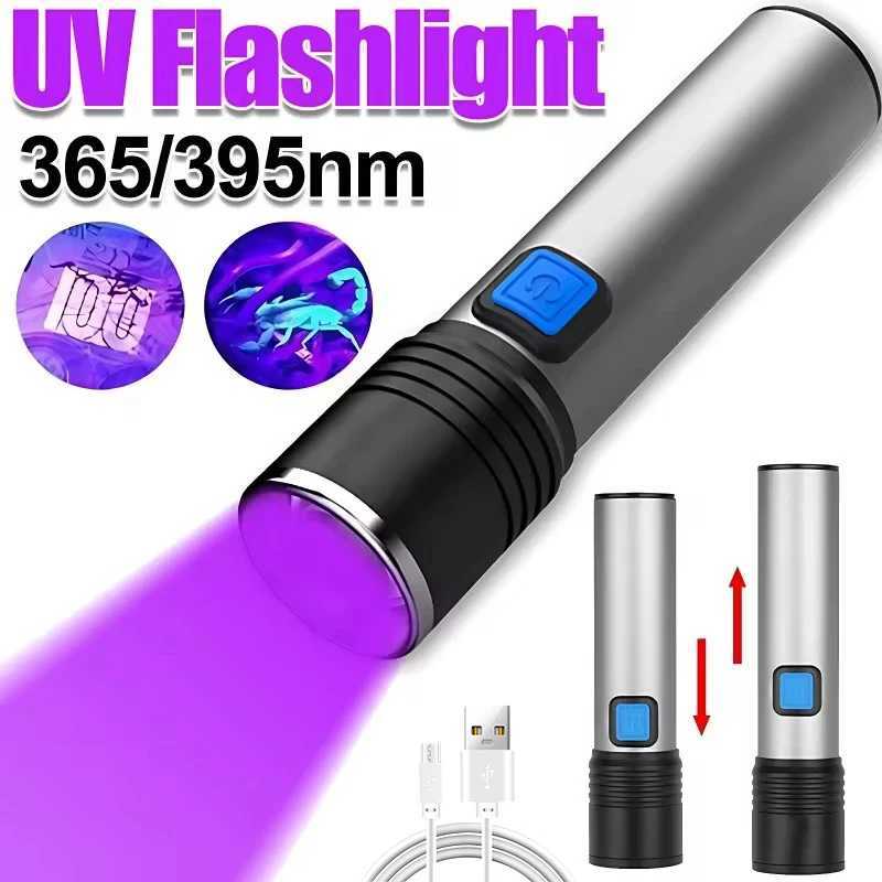Mini 395nm UV Flashlight Blacklight Zoomable USB Rechargeable UV Light Ultraviolet Torch for Pet Urine Detector Resin Curing XJ250529