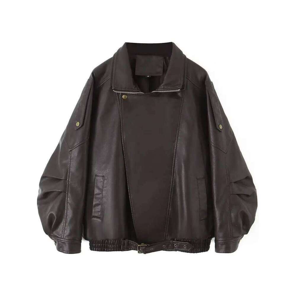 2025 Women's Dark Coffee Faux Leather Oversized BF Jackets Lady Moto Biker Punk Hip-hop Loose PU Zipper Coats Streetwear