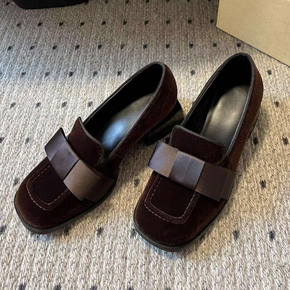 Genuine Leather Suede Melard Square Toe Chunky Heel Loafers for Women Spring and Autumn New High-End Single Mary Jane Women's Shoes