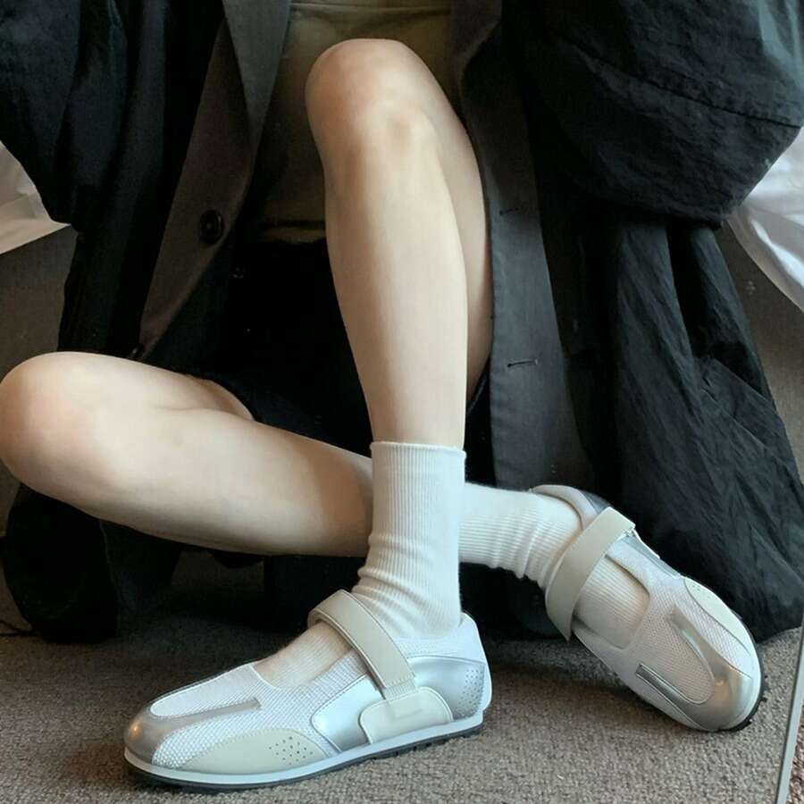 Genuine Leather Korean Style Niche Silver Mary Jane Ballet Flat Velcro Casual Sneakers White Shoes for Women