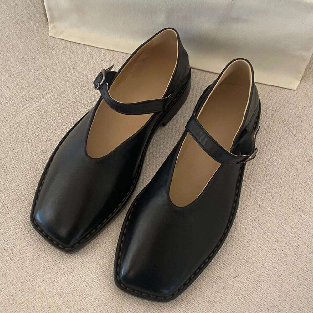 Genuine Korean Style Square Toe One-Strap Buckle Mary Jane Women 2024 New Versatile Flat Shallow Mouth Small Leather Shoes
