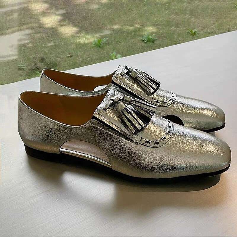 Genuine British Style Niche Silver Hollow Tassel Loafers Women, New Fashion Flat Leather Shoes for Autumn and Winter