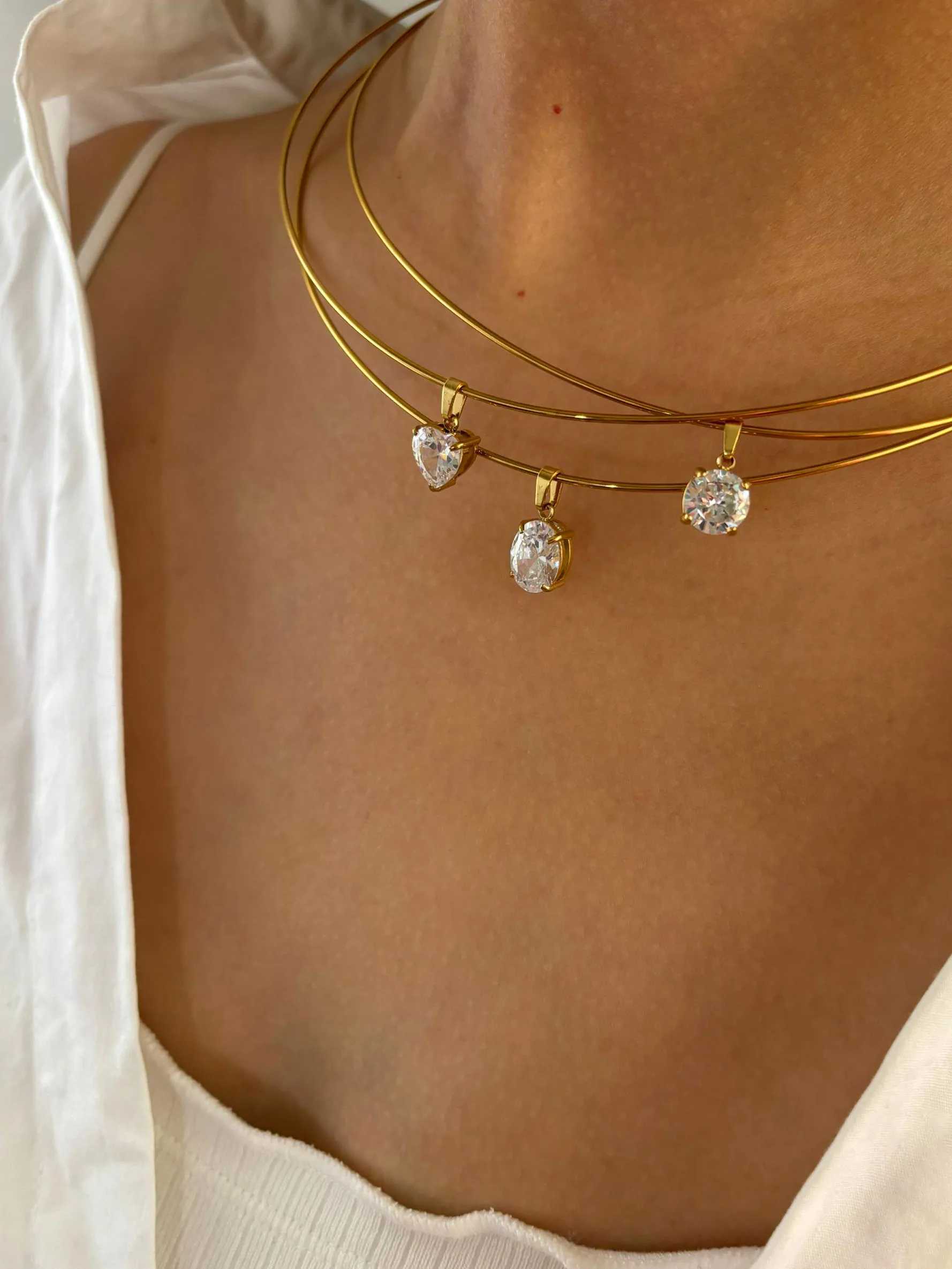 GHIDBK Statement 5 Designs Sparkling AAAA Zircon Pendant Necklace for Women Stainless Steel Choker Necklace Trendy Daily Jewelry XJ250528