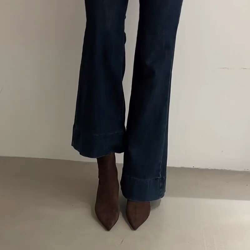 Korean Style Suede Thin Mid Heel Pointed Toe Slimming Short Women 2024 Autumn Winter Height Increasing Martin Denim Boots