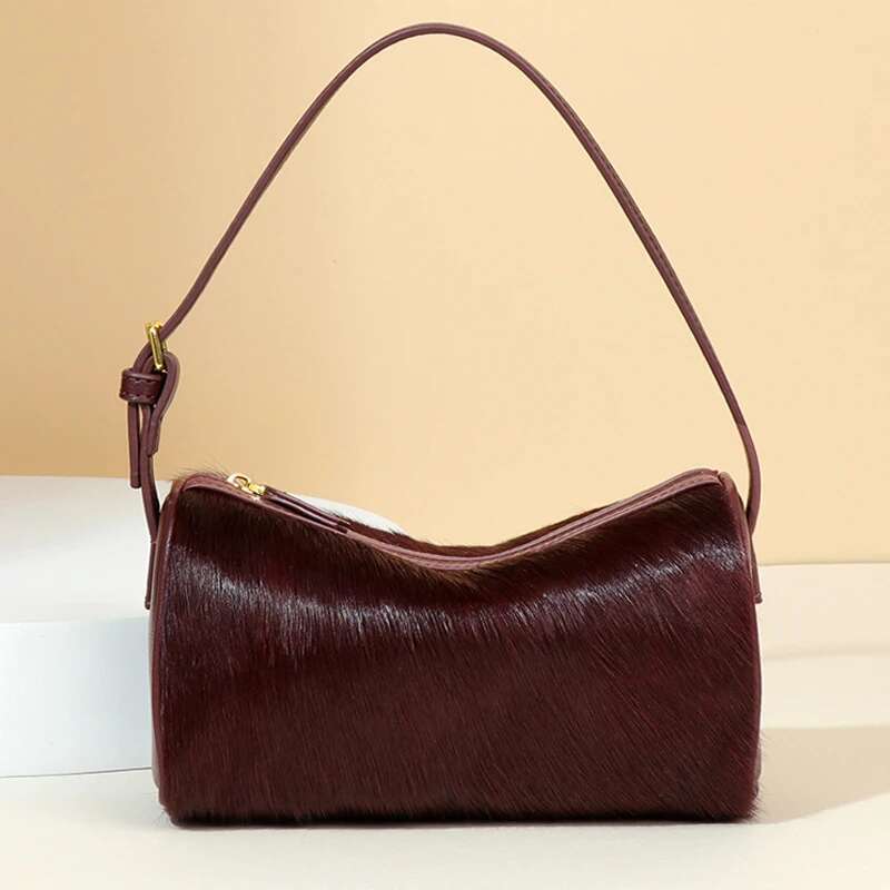 Genuine Leather Horsehair Underarm Bags For Women Designer Handbags Purses 2025 New In Vintage Barrel Shoulder Crossbody