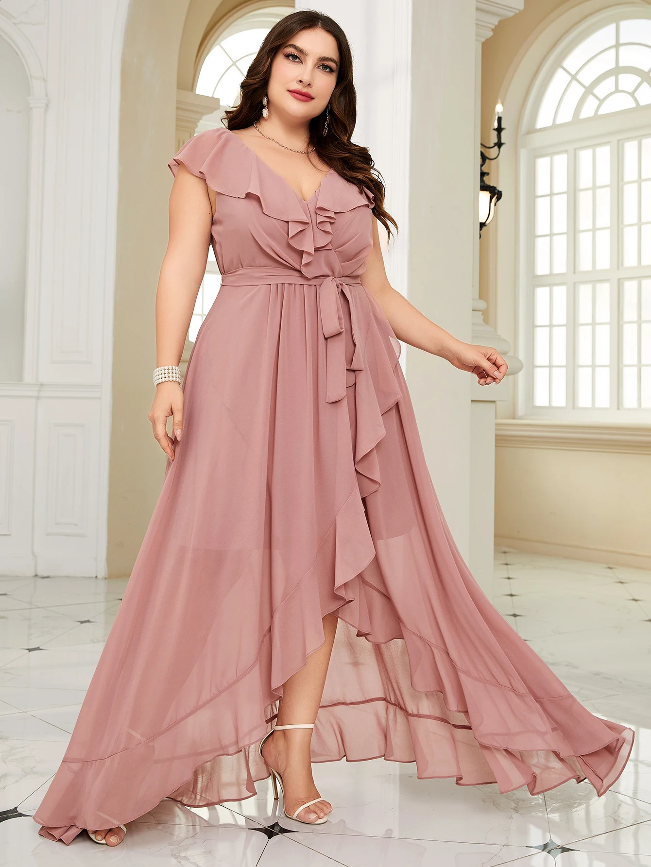 Unithorse Plus Size Women Summer Asymmetric Ruffle Lace Dress With Waist Belt Elegant Chiffon Formal Bridesmaid 250517