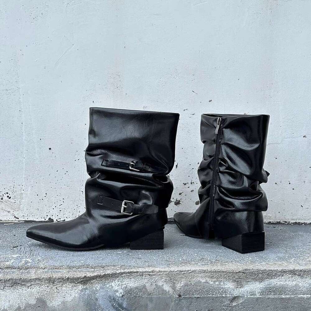 Niche Patent Leather Pointed Toe Chunky Heel Wrinkled Slouch Short Wide Tube Pants Women Autumn Winter Chelsea Boots