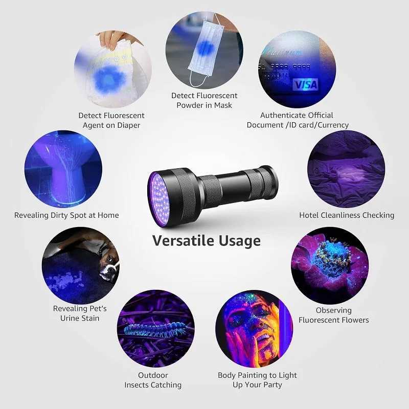 395nm UV Flashlight Black Light Waterproof 51 LED Flashlight Set with AA Battery for Home Hotel Inspection Pet Urine Detector XJ250529