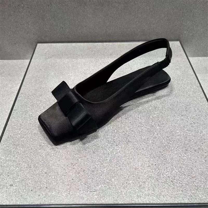Genuine Leather Satin French Square Bow Flat Back Strap Closed Toe Sandals for Women 2025 New Spring Summer Single Shoes