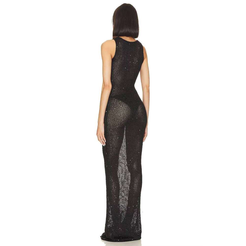 Hollow Out Maxi Length Side Slit Fashion Sexy Party Wear Dresses Summer Sequin Bikini Crochet Cover Ups Beach Dress