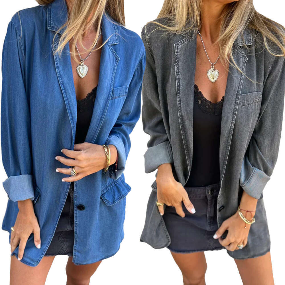 Summer Autumn Women's Casual Pocket Solid Color Loose Long Sleeve Denim Jacket B5