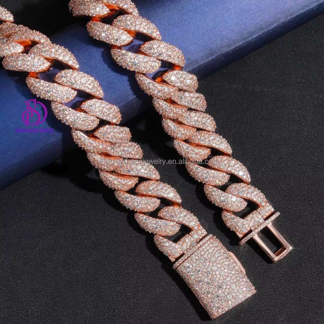 Heavy Solid 925 Sterling Silver 22mm Mens Vvs1 Round White Moissanite Diamonds Studded Cuban Link Chain