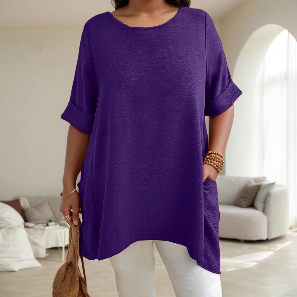 Plus Size Womens Solid ONeck Dropped Shoulder Sleeve Pockets Tunic Tops Summer Ladies Casual Pullover T Shirts Tee 1XL5XL 250519