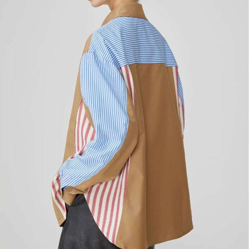 Women's Wear Colorblock Striped Patchwork Shirt Casual Loose Fit Button-Up Long Sleeve Blouse For Women Daily & Office Outfits