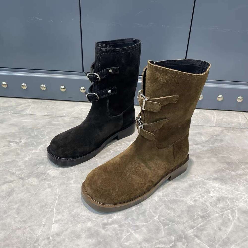 Genuine Leather Suede Round Toe Double Buckle Martin Western Cowboy Women 2024 New Autumn Winter Short Boots