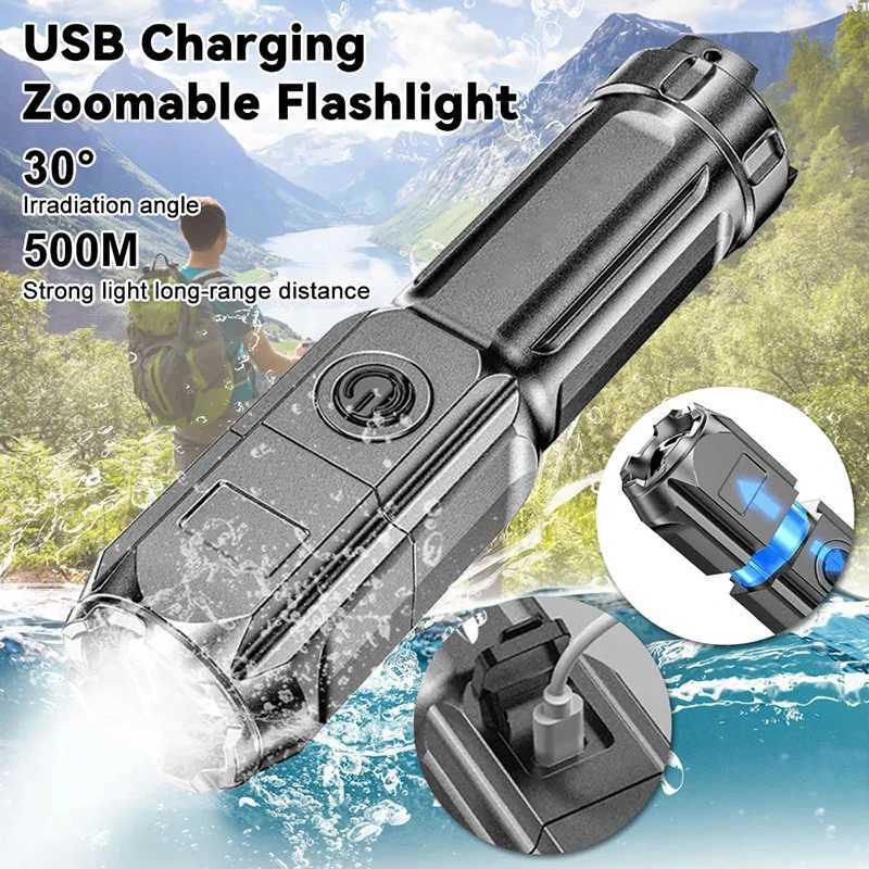 Powerful LED Flashlight USB Rechargeable Torch Portable Zoomable Camping Light 3 Lighting Modes For Outdoor Hiking Emergency XJ250529
