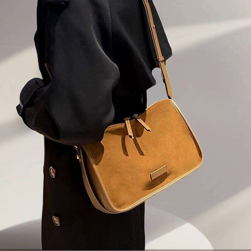 Retro Women Genuine Suede Cowhide Leather Crossbody Large Capacity Soft Wearable Cow Shoulder Travel Bag With Double Zipper